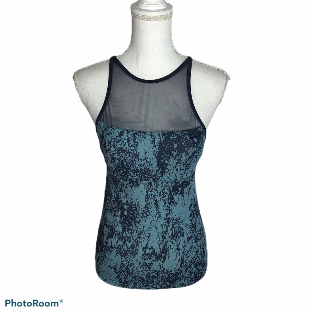 Nike Mesh Workout Top Sz Small Blue Black Tank Sheer Neck Women’s Shirt Blouse